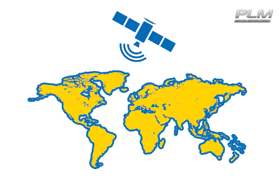 rangepoint darstellung der weltkarte in gelb und blau mit einem satelliten der funksignale aussendet